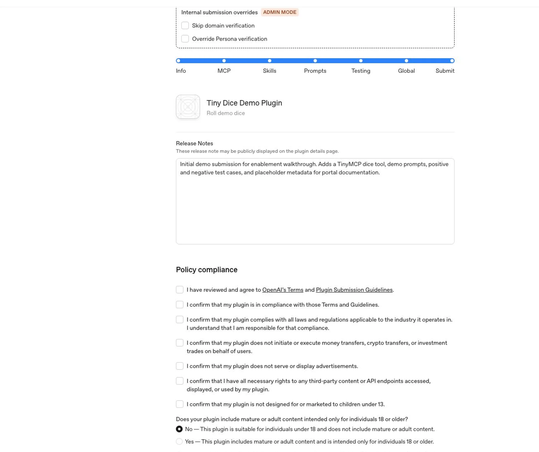 Submit tab with release notes and final attestations