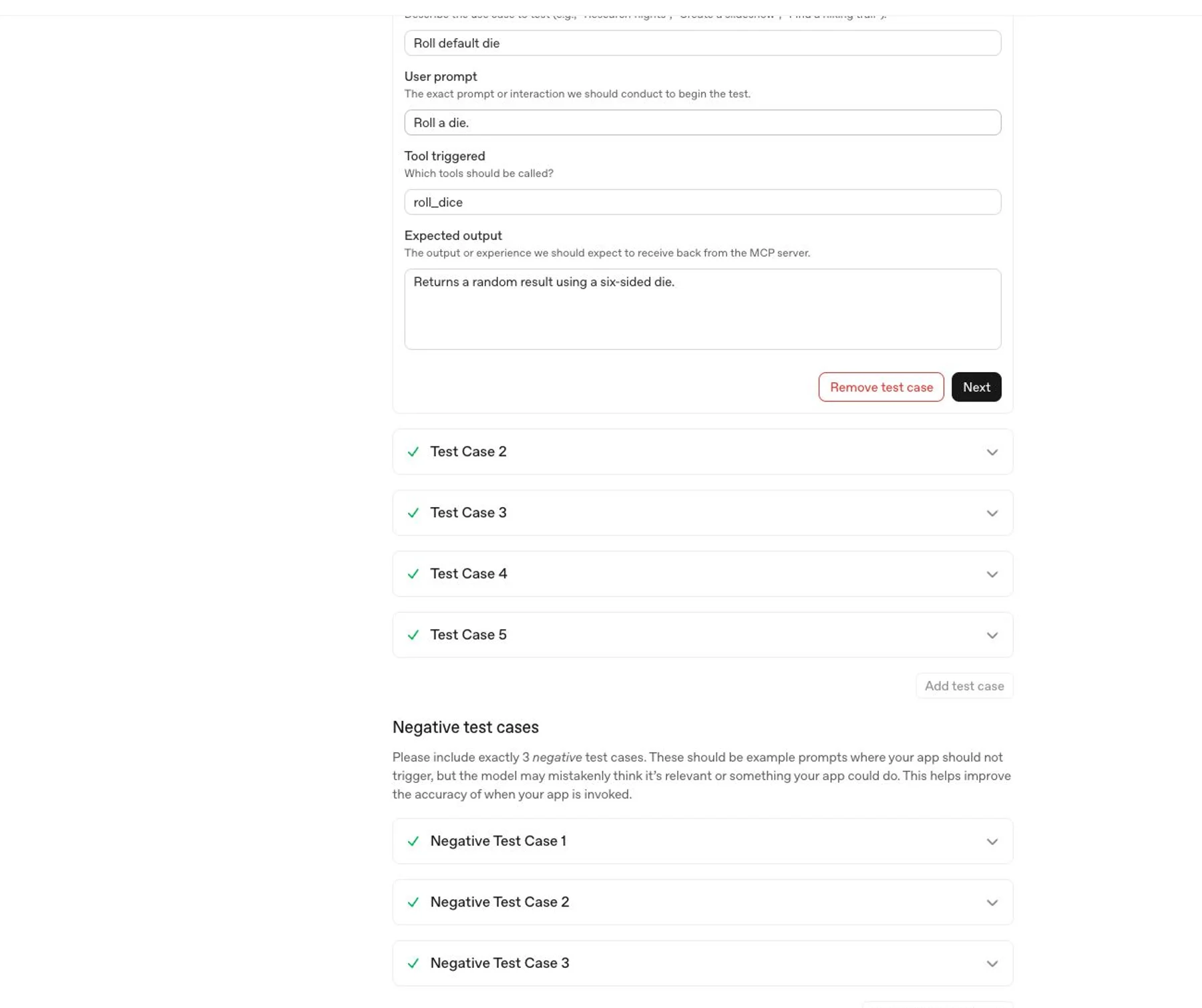 Testing tab with positive and negative test cases