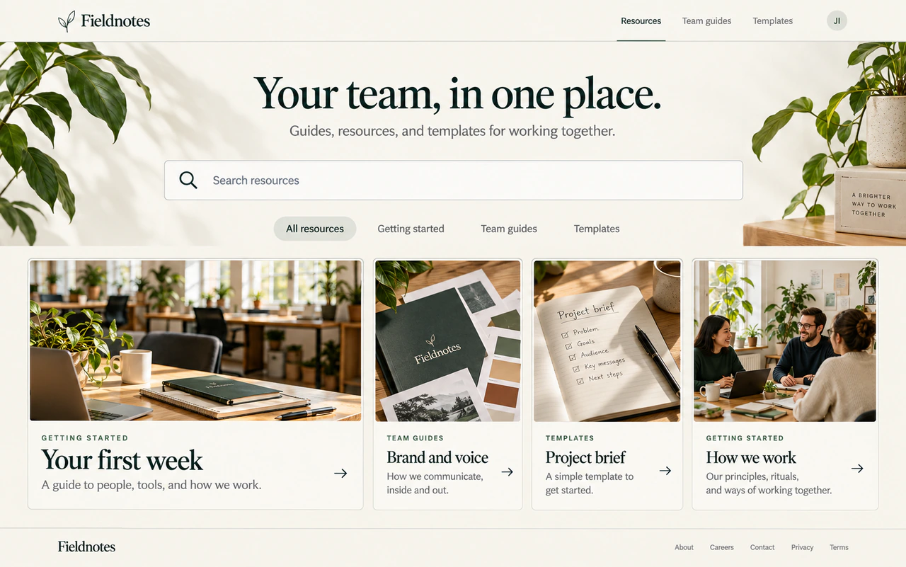 Illustrative employee resource hub with search, topic groups, document cards, and a welcome guide.