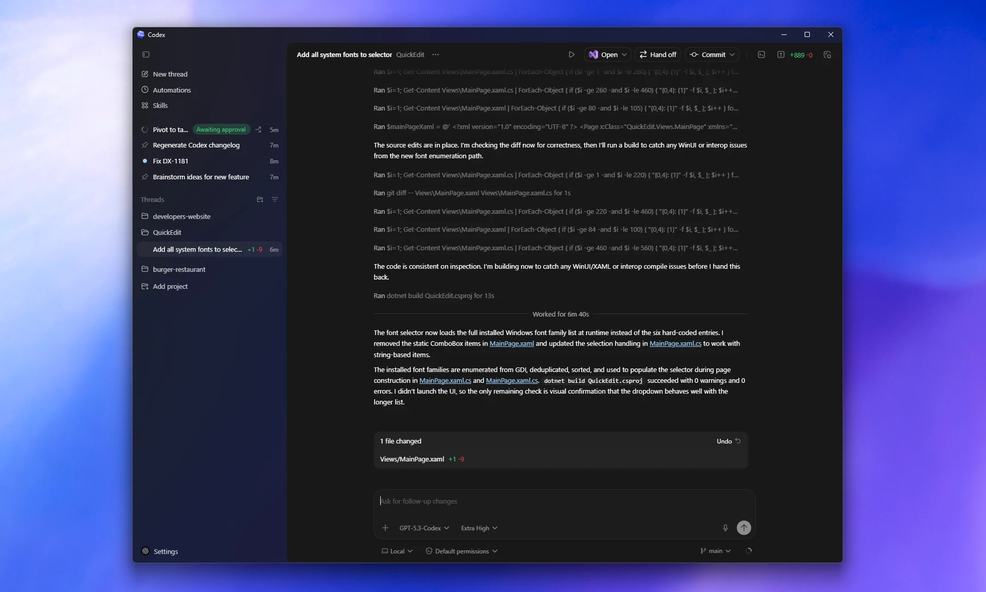 ChatGPT desktop app for Windows showing a project sidebar, active task, and review pane