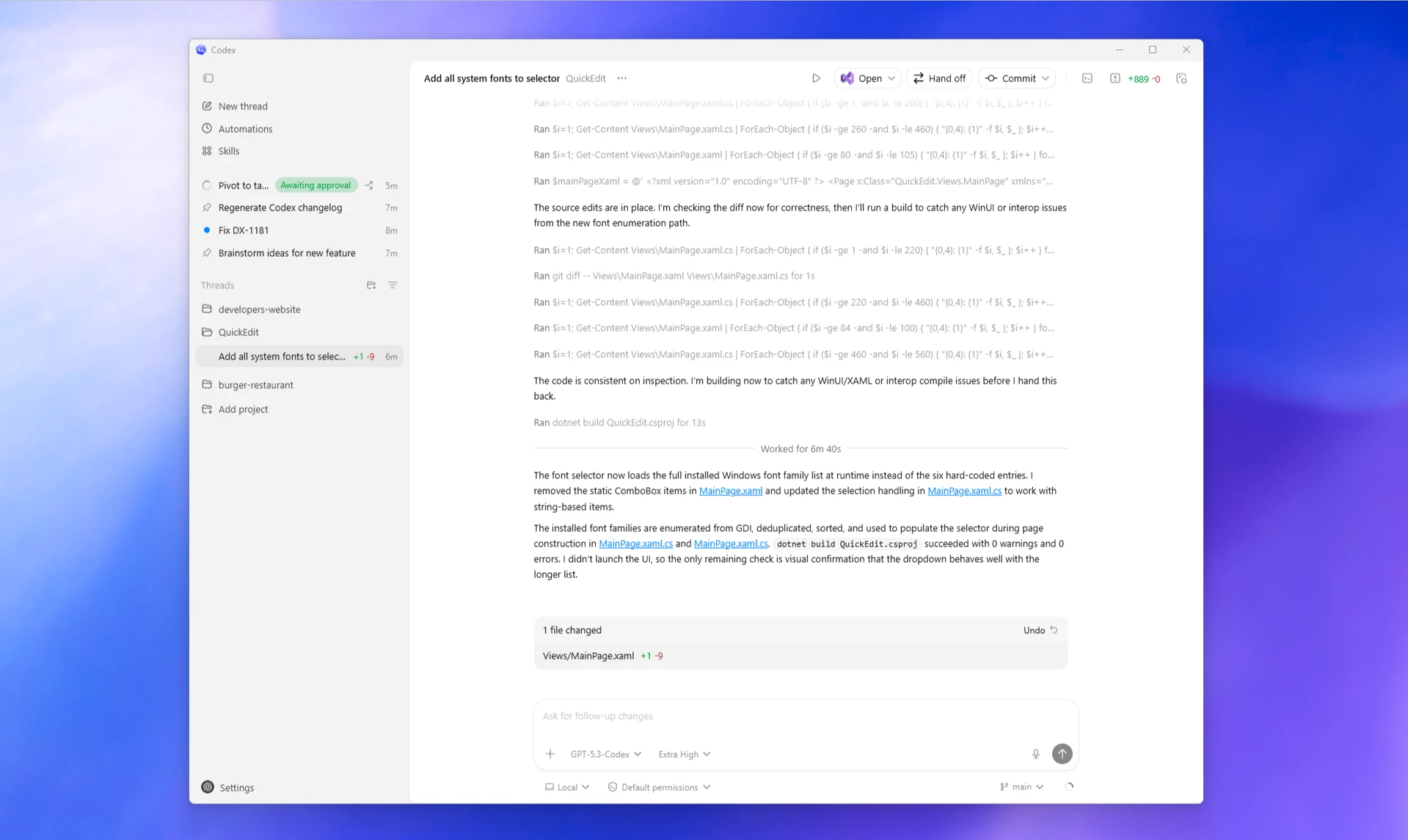 ChatGPT desktop app for Windows showing a project sidebar, active task, and review pane