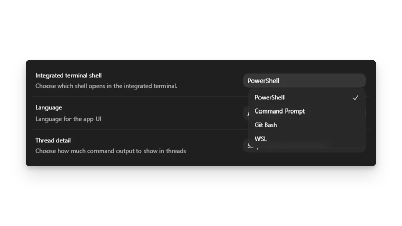 ChatGPT desktop app settings showing the integrated terminal selection on Windows