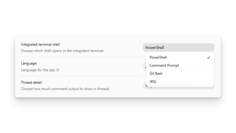 ChatGPT desktop app settings showing the integrated terminal selection on Windows