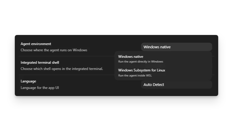 ChatGPT desktop app settings showing the agent selector with Windows native and WSL options