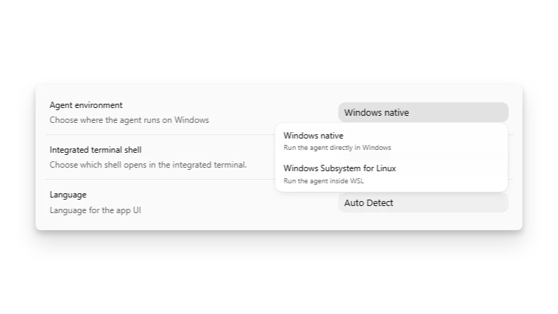 ChatGPT desktop app settings showing the agent selector with Windows native and WSL options