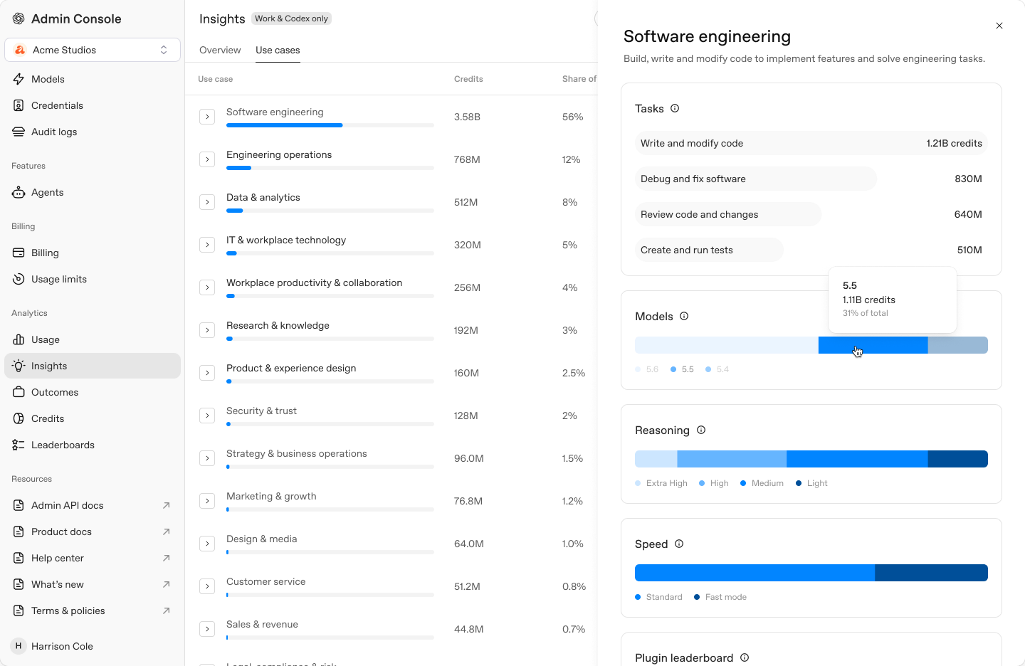 Software engineering drawer showing tasks, models, reasoning, and speed