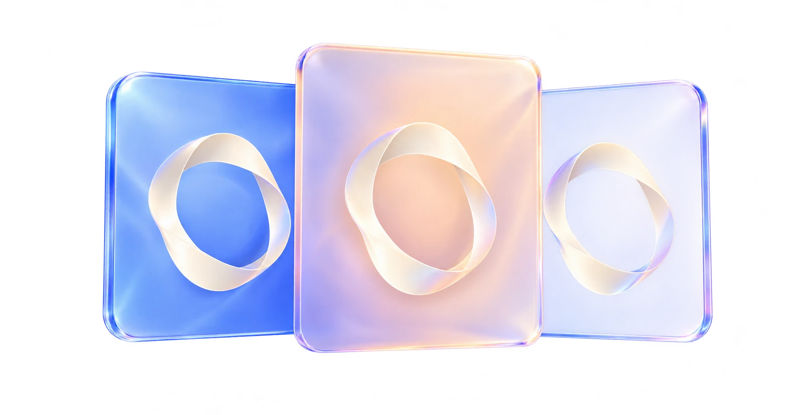 An abstract ivory ribbon loop reused across blue, peach, and transparent canvases.