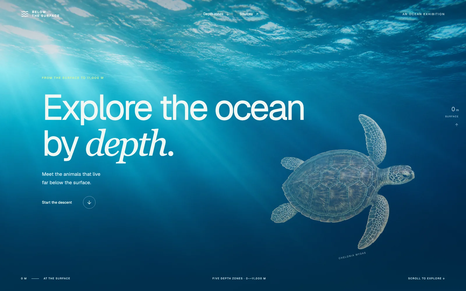 Below the Surface ocean exhibition, with a sunlit blue ocean, depth navigation, and the invitation to start the descent.