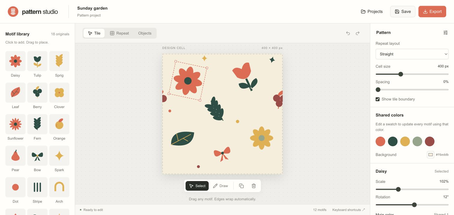 The finished Pattern Studio editor with its motif library, design tile, shared colors, and repeat settings.