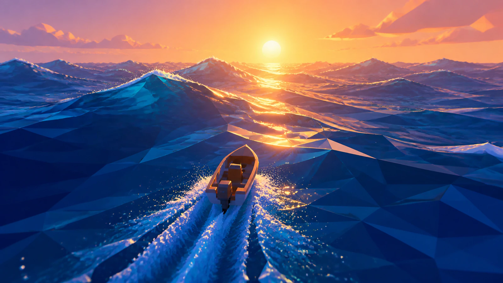 Generated First Light Voyage concept: a small boat crossing faceted blue waves toward sunrise