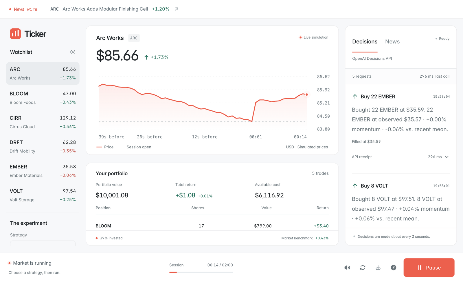 Ticker’s fictional market, portfolio, and decision log.
