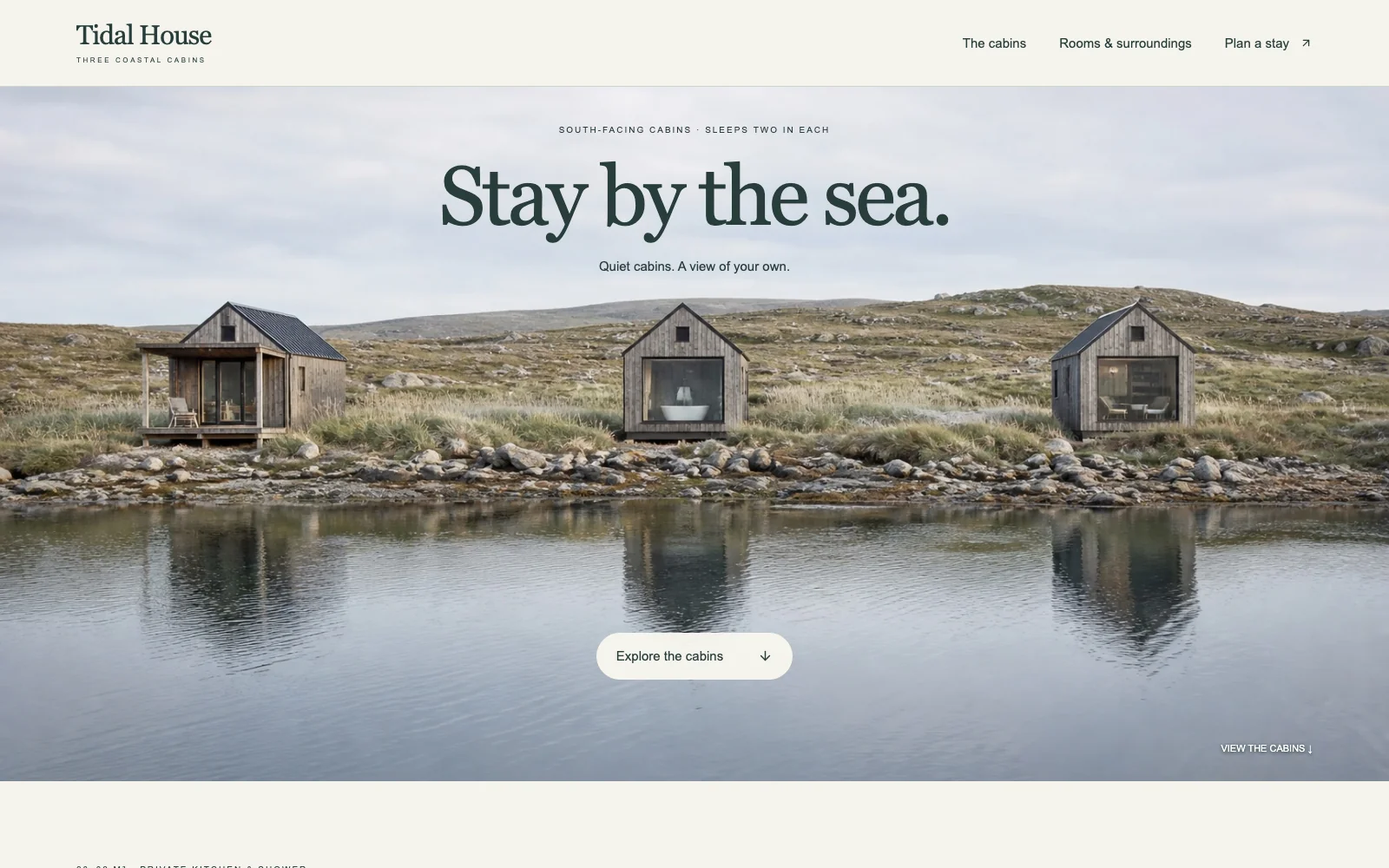 Tidal House coastal retreat with three timber cabins beside the inlet and the headline Stay by the sea.