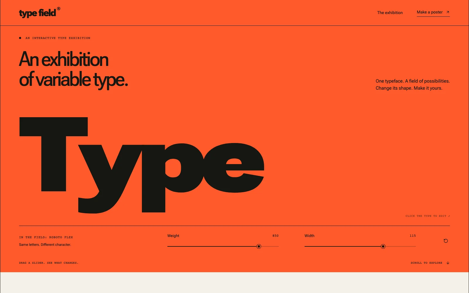 Type Field orange typography exhibition with an editable oversized Type specimen and weight and width controls.