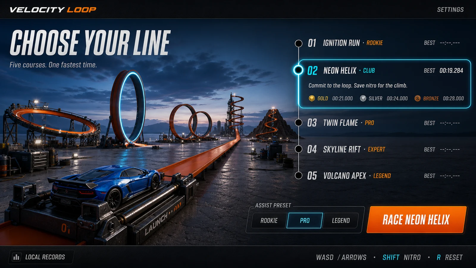 Generated Velocity Loop menu concept with five stunt courses and an orange track.