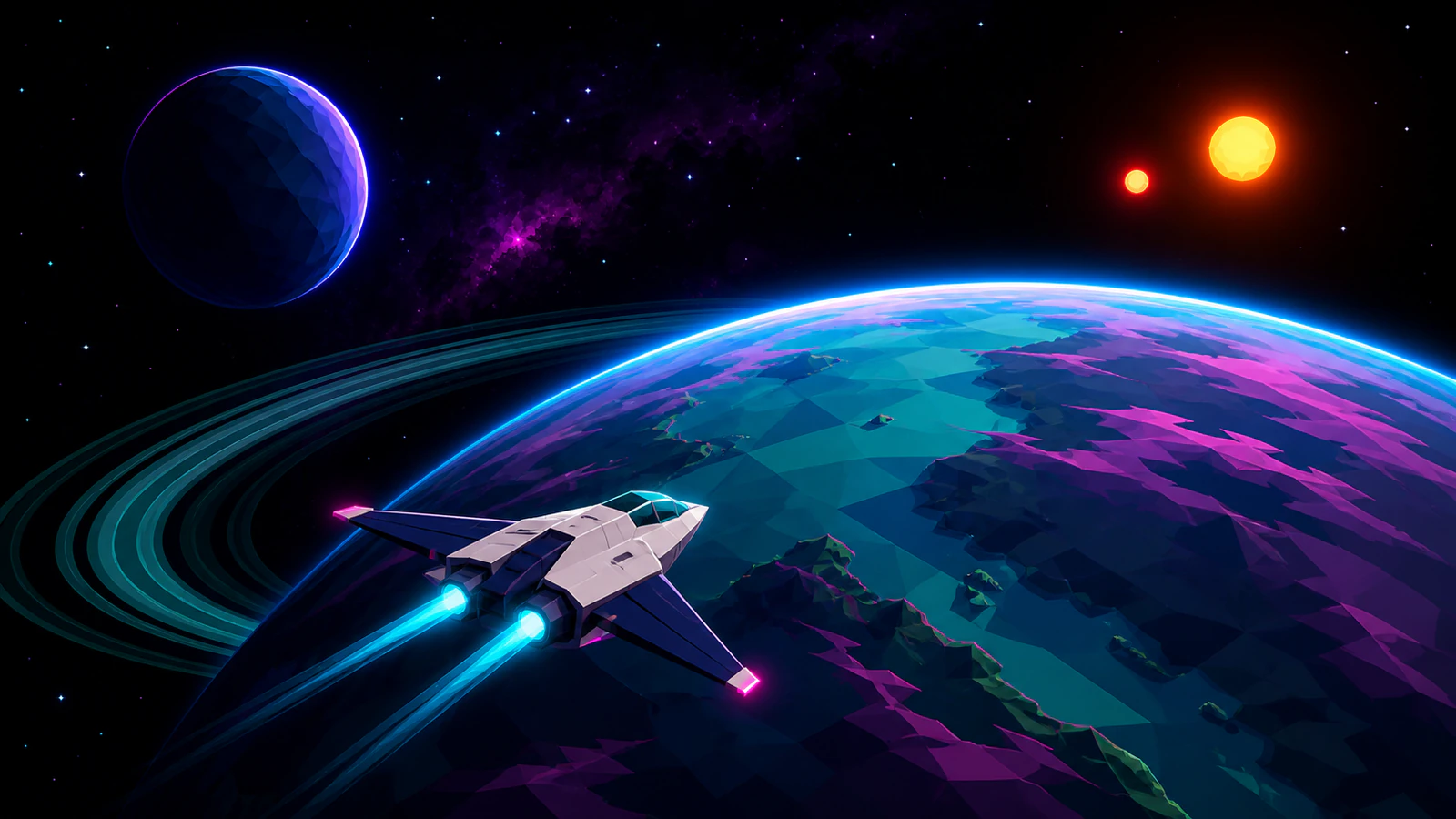 Generated orbital concept: a spacecraft approaching a ringed planet in cyan and magenta light